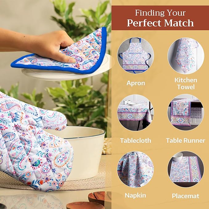 Maison d' Hermine Pot Holders 100% Cotton Heat Resistant Potholders 8" x 8" Hot Pads with Loop BBQ Cooking Baking Gifts for Mothers Day Handling Hot Pans Spring/Summer (Pack of 1, Indian Floral)