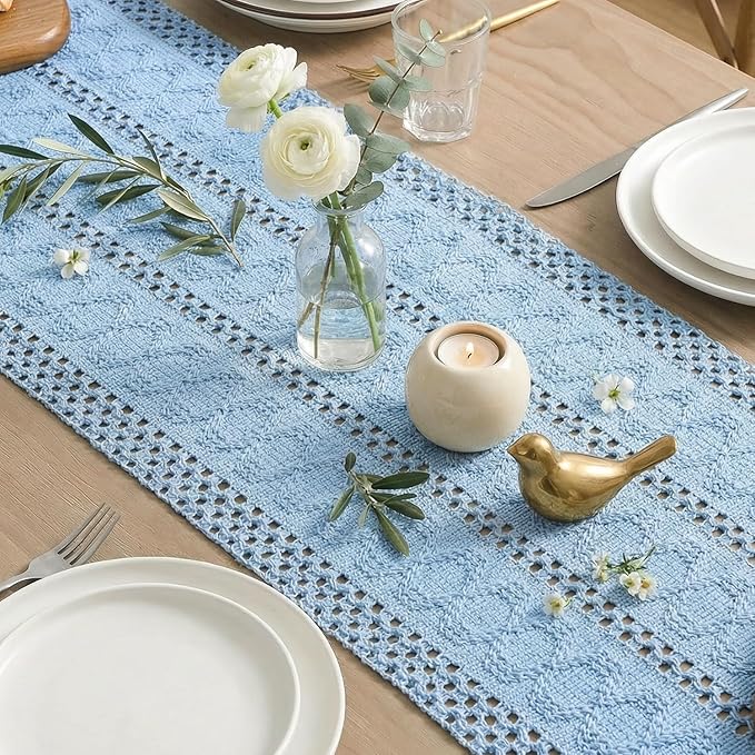 Artoid Mode Sky Blue Farmhouse Woven Rustic Hollow Table Runner, Seasonal Holiday Hollow Kitchen Dining Table Decoration for Home Party Decor 12x120 Inch