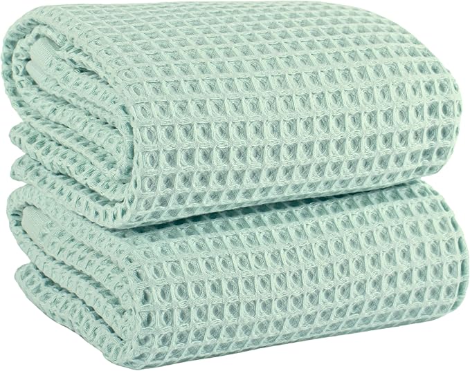 PÜSKÜL Natural 100% Turkish Cotton Waffle Bath Towels Set of 2-Piece | 32x63 inch Extra Large Absorbent Quick-Dry Lightweight Spa Towel | Luxury Sauna Accessories (Ice Green Bath Towels - Pack of 2)
