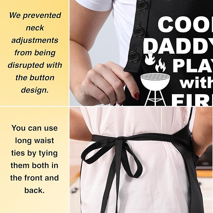 TOSHE Funny Apron Waterdrop Resistant Cotton Apron with adjustable Aprons for Women with Pockets 12 Color option Cooking (Black - Cool Daddy Play with Fire)