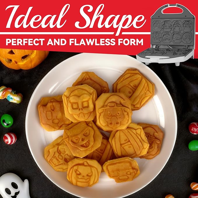 SugarWhisk Spooky Mini Waffle Maker for Kids, Mini Pancake Maker Machine, Electric Small Waffle Iron, 8 Fun Character Waffle Maker, Gift for Christmas Halloween, White