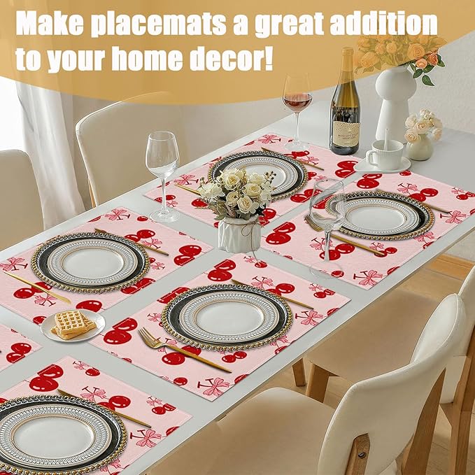 Red Cherry Bow Placemats Set of 6, Linen Place Mat Washable Stain Resistant Table Mats for Farmhouse Kitchen Dining Holiday Party Wedding Decor 12x18 Inch
