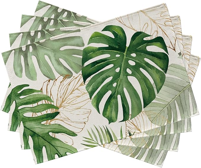 Seliem Spring Summer Palm Leaves Placemats Set of 4, Tropical Greenery Monstera Plant Dining Table Place Mats, Hawaii Seasonal Kitchen Decor Home Decoration 12 x 18 Inch