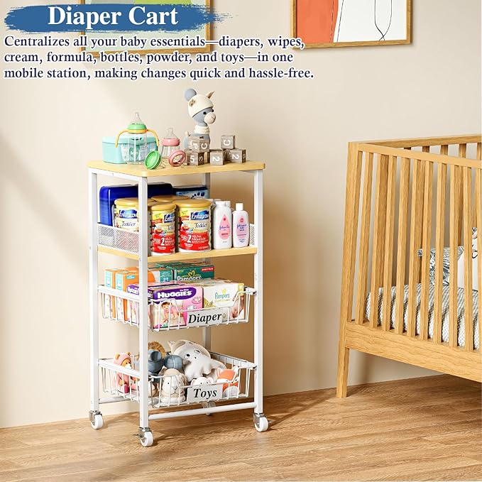 OKZEST 4 Tier Rolling Cart with Drawer Baskets, Metal Utility Storage Cart with Wheels and Wood Top for Living Room, Kitchen, Home Office, Bedroom, Pantry, Baby Essential, Craft, Snack, Makeup, White
