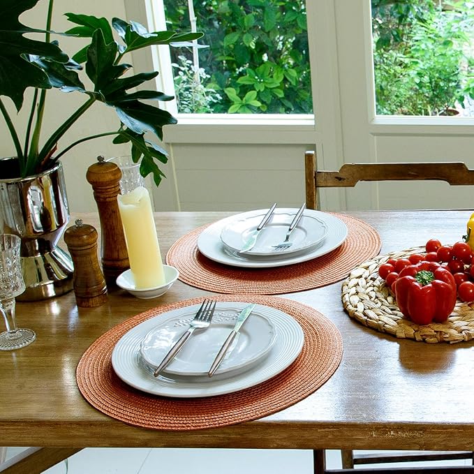 FunWheat Round Braided Placemats Set of 8 Table Mats for Dining Tables Woven Washable Non-Slip Place mats 15 inch(Pumpkin Orange,8pcs)