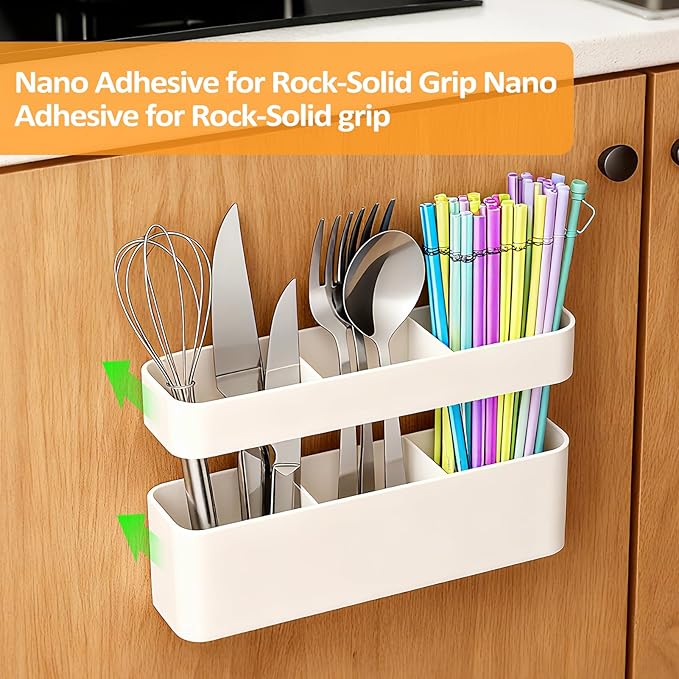 MoodLife 2-Pack Silicone Straw Holder for Cabinet Door,Reusable Adhesive Container for Kitchen Storage Solutions, Cupboard Organizer and Space Saving Hacks (White)