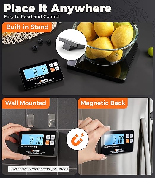 Atogou Upgraded Wireless Food Scale, 33lb/15kg Kitchen Scale with Detachable Display & Larger Platform, 0.1oz/1g, 9 Units, Counting Function, Stainless Steel, for Cooking, Baking, Shipping, Black
