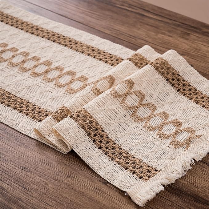 Niviy Boho Easter Spring Table Runner with Tassels 12 x 72 Inches Long, Cream & Brown Rustic Farmhouse Table Runner with Tassels for Home Kitchen Holiday Party and Wedding Decor Runner