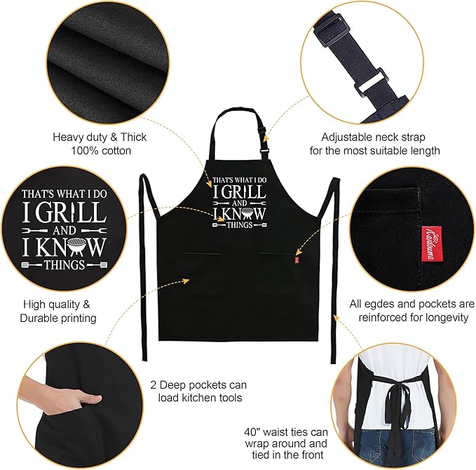 Kaidouma Funny BBQ Grilling Aprons for Men - Men's Kitchen Chef Cooking Aprons with 2 Pockets and 40” Long Ties - That's What I Do I Grill and I Know Things