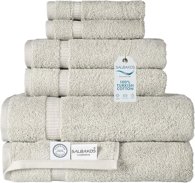 SALBAKOS 100% Turkish Cotton Towel Set of 6 Piece Stone | Premium Quality Hotel & Spa Collection 2 Washcloth, 2 Hand, 2 Bath Towel Sets for Bathroom | Made in Turkey (Stone, 6 Piece Towel Set)