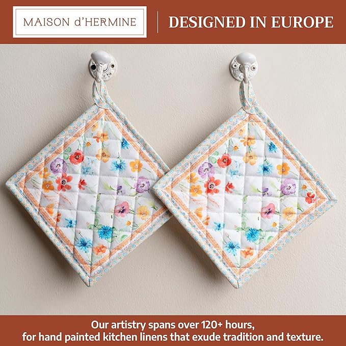 Maison d' Hermine Pot Holders 100% Cotton Heat Resistant Potholders 8" x 8" Hot Pads with Loop BBQ Cooking Baking Gifts for Mothers Day Handling Hot Pans Spring/Summer (Pack of 2, Summer Whisper)