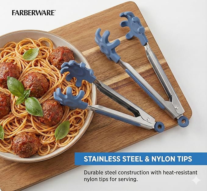 Farberware Mini Kitchen Tongs, Silicone Tips, Flexible Grip Handles, Locking Mechanism for Easy Storage, Blue and Gray, Dishwasher Safe for Cooking and Serving, 7 Inch, Set of 2