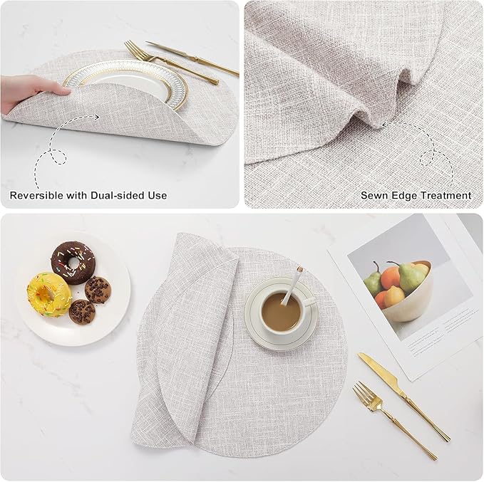 homing 15 Inch Round Cloth Placemats Set of 12, Cotton Linen Blend Washable Table Mats, Farmhouse Dining Place Mats for Indoors & Outdoors, Easy to Clean, Beige