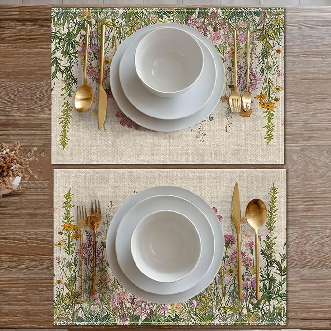 HOMETITUTE Floral Linen Placemats Set of 4 12x18 inch Spring Table Mats for Dining Table Farmhouse Decorations Kitchen Decor Desk Mat for Outdoor Home Party Kitchen Seasonal Dining Decor