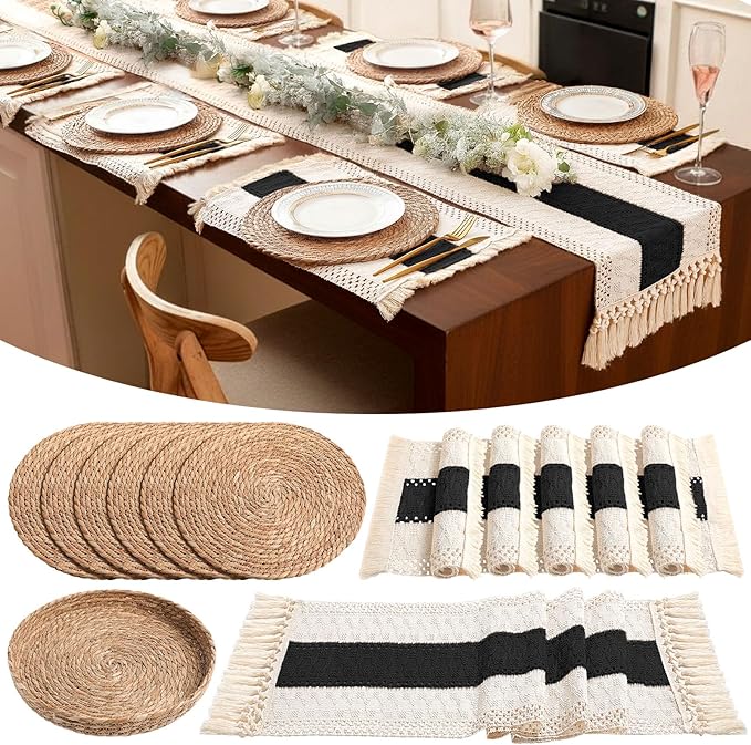 Boho Placemats 4/6/8 Set of Round Woven Placemat Macrame Style Bicolor Stitching Long Table Runner Farmhouse Rustic Natural Burlap Cotton for Kitchen Dining Table(6 Sets,Black A,12x72)