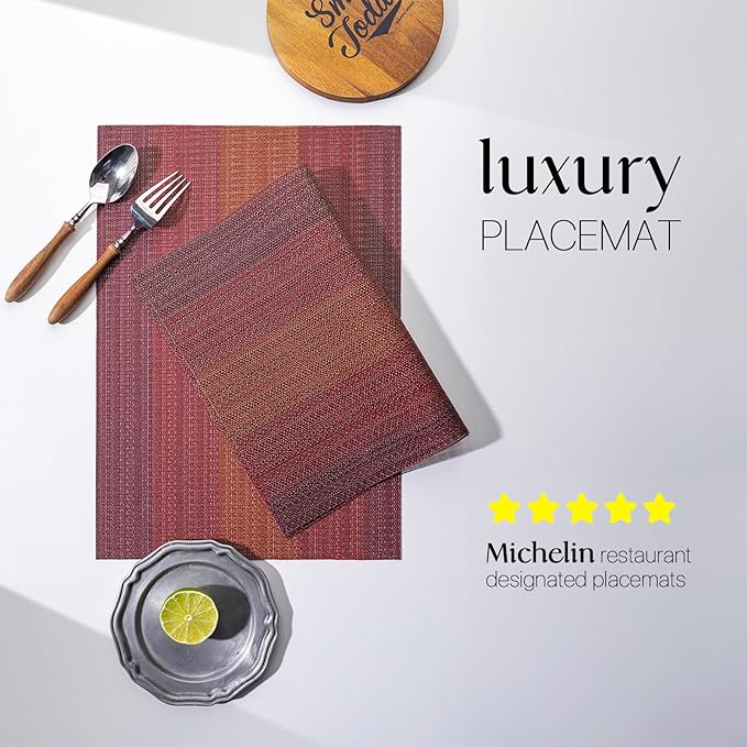 LEXMORE Placemats Set of 4 Vinyl/Plastic Woven Place Mats for Kitchen Table Indoor/Outdoor Washable Placemat Wipeable Dining Table Mats(Pomegranate Parade)