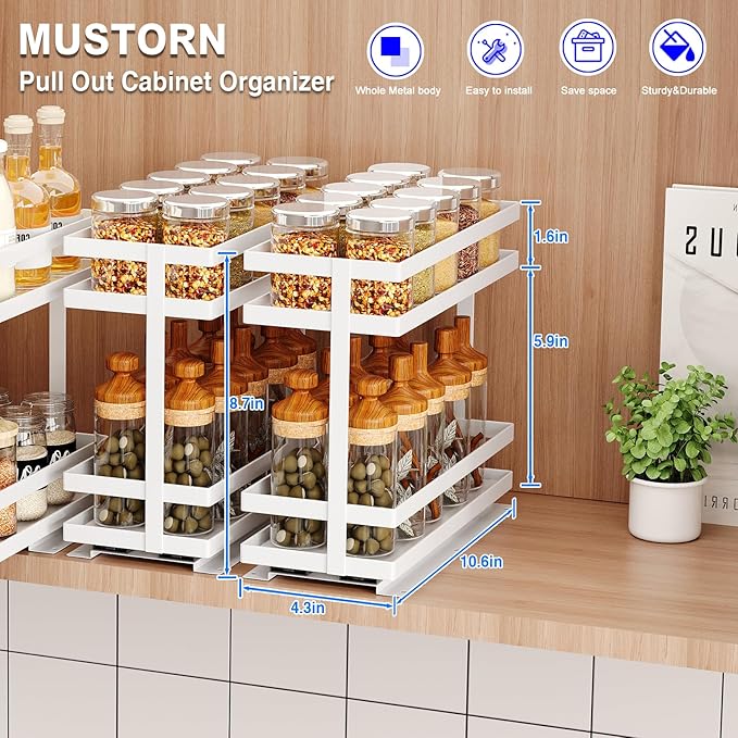 Mustorn Pull Out Spice Rack Organizer for Cabinet, 2 Tier Metal Slide Out Seasoning Organizer and Storage Heavy Duty Vertical Spice Rack Shelf Pullout for Kitchen Cabinets No Drilling(1 Pack, White)