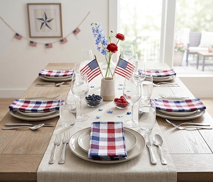 PurpleEssences 4th of July Buffalo Plaid Cloth Napkins - Mitered Corners - Summer - Gingham Check Dinner Napkin - Set of 12-100% Cotton - 18x18 Inch - Reusable Washable - Red White Blue