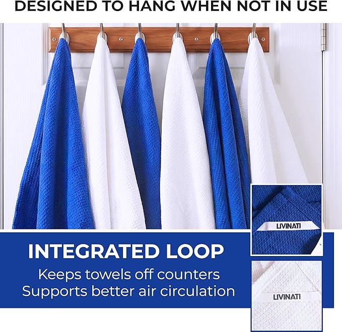 Highly Absorbent Cotton Dish Towels for Drying - Set of 3+3 - Royal Blue + White Kitchen Towels - 18"X28" Lint Free Waffle Weave Cloth Linen Hand Bathroom Bulk Dishtowels