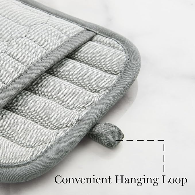 MARTHA STEWART Honeycomb Quilted Chambray Pot Holder 2-Pack Set, 100% Cotton, Flexible Non-Slip Silicone Grip, Heat Resistant, Grey, 7"X10"