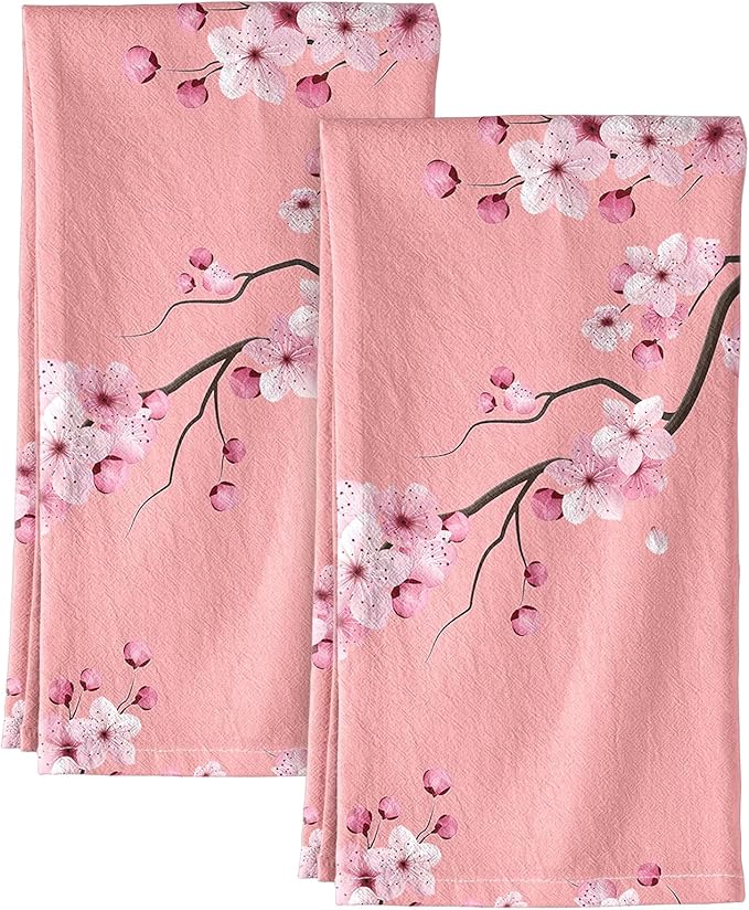 Miss Adola Flour Sack Kitchen Towels - Set of 2 Cotton Dish Towels with Hanging Loop Decorative 18x26 Inch Absorbent Cute Design for Housewarming Gifts, Pink Blossom