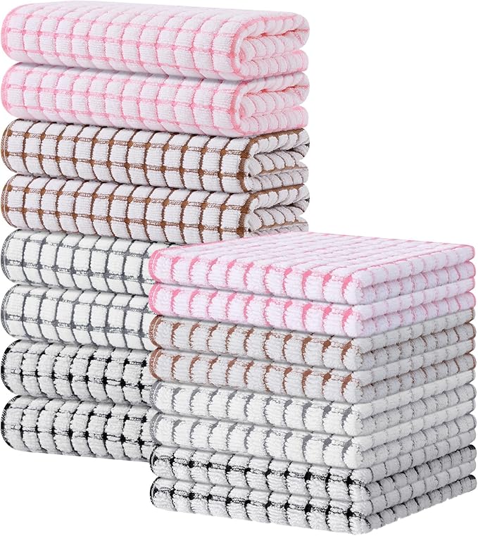 Kitinjoy Cotton 16 Pack Kitchen Towels and Dishcloths Sets, 16 x 25 Inch & 12 X 12 Inch Dish Towels Bulk, Super Soft and Absorbent Hand Towels for Kitchen Drying, Mix Color