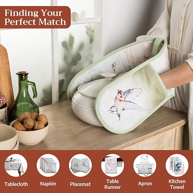 Maison d' Hermine Double Oven Mitts 100% Cotton 7"x35" Double Oven Mitt Heat Resistant BBQ Cooking Gloves with Loop Baking Grilling Gifts for Mothers Day Spring Summer (Flying Birds)