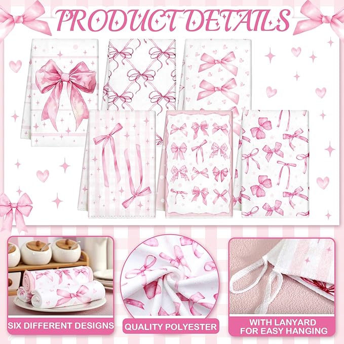 Breling Set of 6 Pink Bow Towels Vintage Pink Dish Towel Bathroom Decorative Rustic Cloths Tea Towels for Kitchen Bathroom Home Cooking Housewarming Valentines Gifts, 14 x 21 Inch