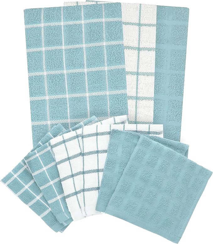 Ritz Premium 3-Pack Kitchen Towel & 6-Pack Dish Cloth Set - Highly Absorbent, Super Soft, Long-Lasting, 100% Cotton Terry Drying Cleaning Cloths, Dew