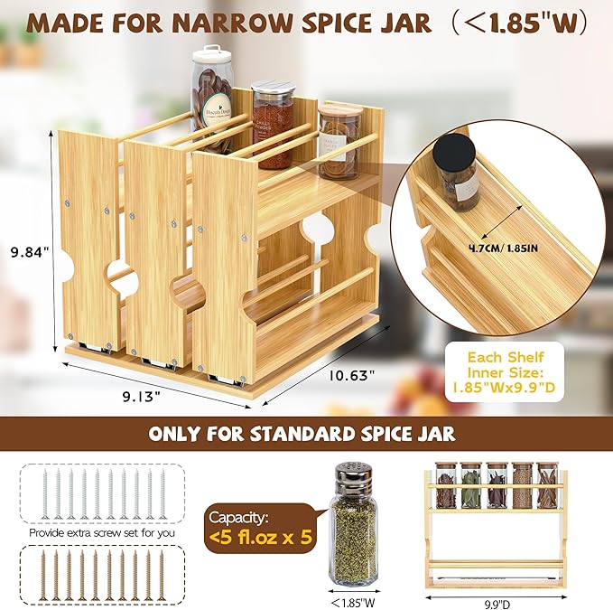 Jolitac Bamboo Pull Out Spice Rack for Cabinet, Slide Out Drawers, Space-Saving Seasoning Kitchen Pantry Sliding Vertical Organization, Easy to Install, 9.1" Wide, 3 Drawers(1.85" Wide), 2-Tier