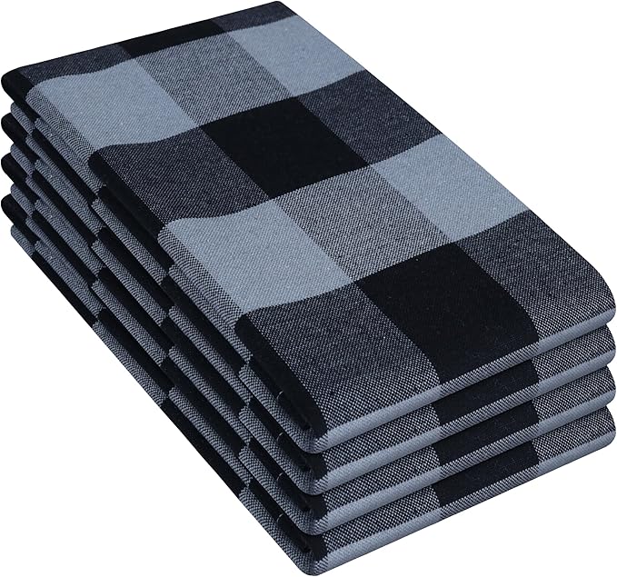 Native Fab Buffalo Check Set of 4 Cloth Dinner Napkins 16x16 inches Soft, Absorbent, Cotton Napkins - Reusable Everyday Use Fabric Napkins - Black and Grey