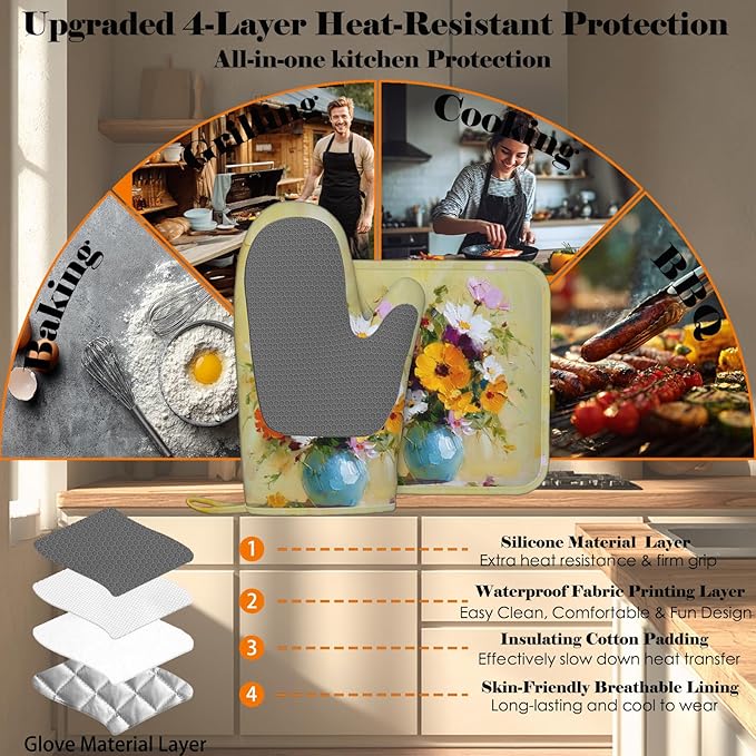 Vintage Flower Heat-Resistant Oven Mitts and Pot Holder Kitchen Non-Slip Silicone Cooking Microwave Gloves for Cooking Baking Grilling