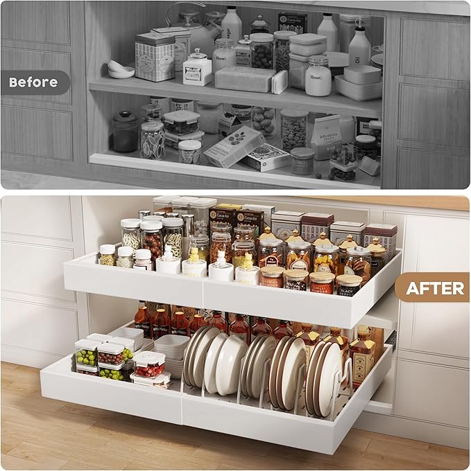 Seinloes 2 Pack Pull out Cabinet Organizer 21" Deep With Raising Pad for Framed Cabinets,Expandable (15.2"-26.3"W) Slide out Drawers for Kitchen Cabinets with 4pcs Divider Racks,Roll out Shelves,White