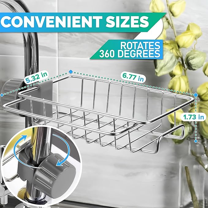 Kitchen Sink Faucet Organizer - Stainless Steel Kitchen Sink Sponge Holder Around Faucet, Rust-Resistant, 360° Rotating Design (7.0" x 5.4" x 1.69") - Fits Only 0.78" - 0.98" Diameter Pipes