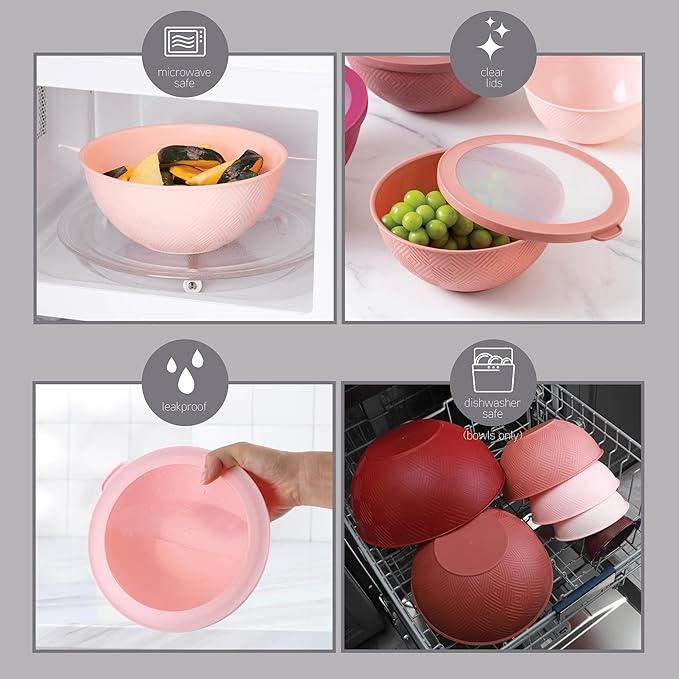COOK WITH COLOR Mixing Bowls with Lids - 12 Piece Plastic Nesting Bowls Set includes 6 Prep Bowls and 6 Lids, Microwave Safe Mixing Bowl Set, Rose Rhombus