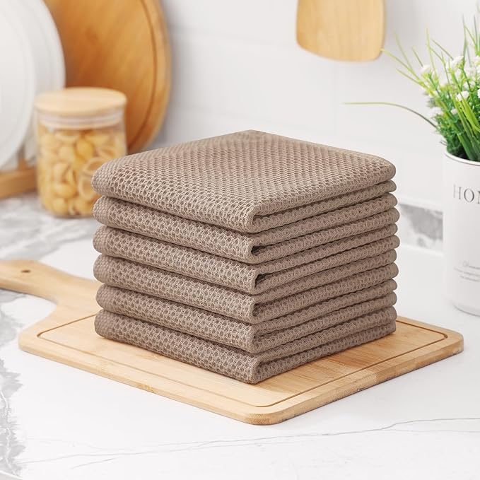 Kitinjoy 100% Cotton Kitchen Dish Cloths (12 X 12 Inches, Tan), 6 Pack Waffle Weave Ultra Soft Absorbent Dish Towels for Drying Dishes Quick Drying Kitchen Towels Dish Rags