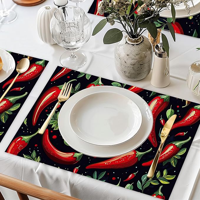 Red Pepper Placemats Set of 6,Dinner Table Mats Non-Slip Washable Mats for Kitchen Dinner Party Tablemat 12x18Inch
