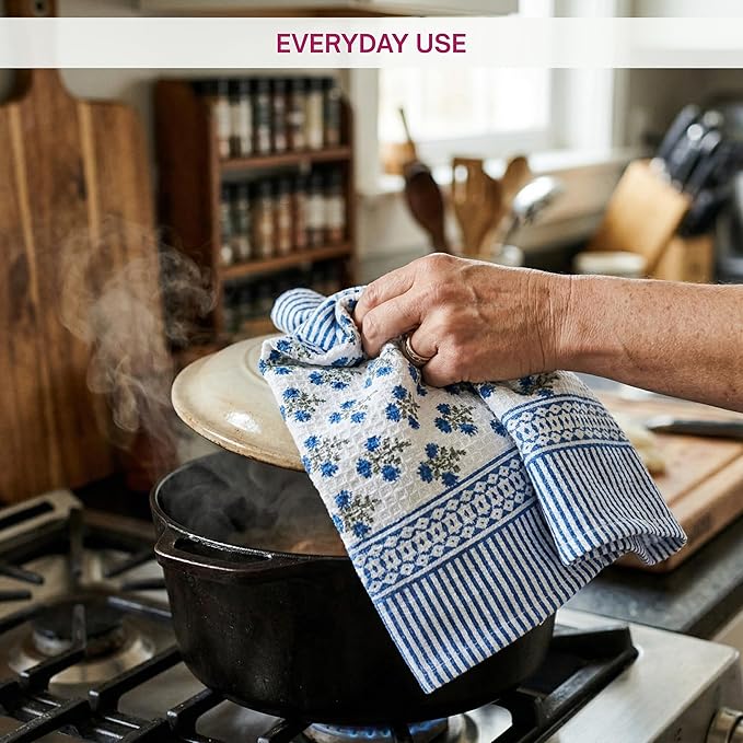 ATOSII 100% Cotton Hand Block Print Waffle Kitchen Towel, Set of 3, 18 x 26 Inches Ultra Absorbent Quick Dry Dish Towels, Reusable Sustainable Tea Towels for Cleaning and Drying, Gulbahar Blue