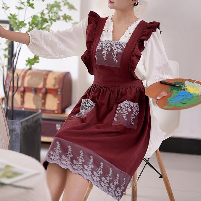 Aoomzoon Vintage Aprons for Women with Pockets Cute Lace Ruffle Adjustable Apron for Cooking Kitchen Baking Gardening