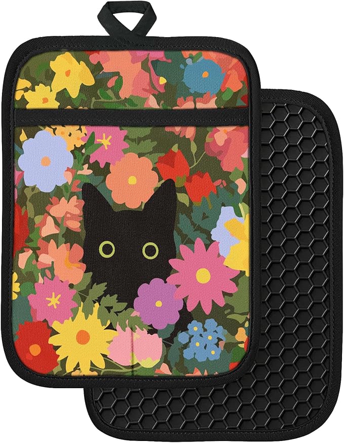 Slohif Cute Silicone Oven Mitts Heat Resistant for Women,Black Cat 100% Cotton Long Oven Mittens Gloves, Non-Slip Thick Kitchen Oven Mits Set with Hanger for Baking and Cooking Gifts