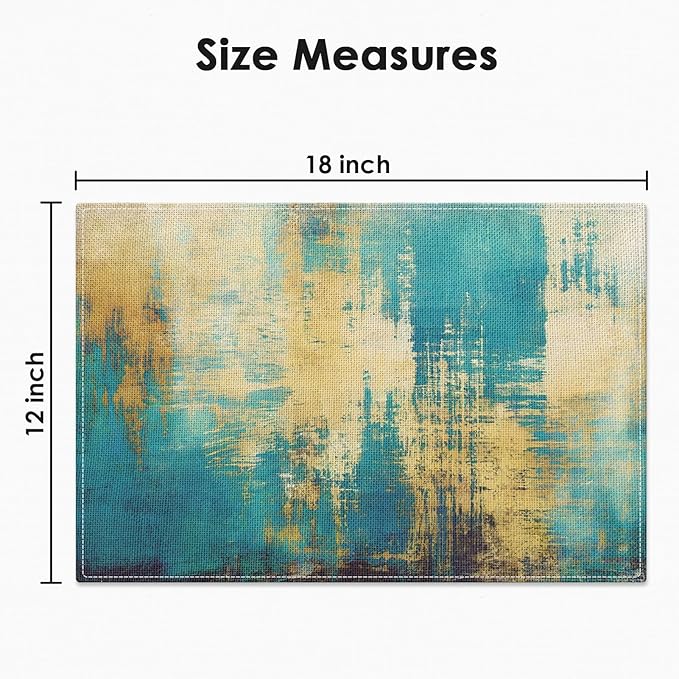 Emvency Farmhouse Placemats Set of 4, Abstract Turquoise and Yellow Vintage Art Painting 12x18 Inch Table Mats for Outdoor Home Party Kitchen Dining Decoration