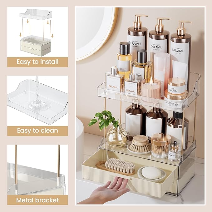 Delamu Bathroom Organizers and Storage, 2 Tier 2 Drawer Makeup Organizer Countertop, Easy to Install, Ideal for Bathroom Counter, Vanity, Ideal for Women Girls, Cream White