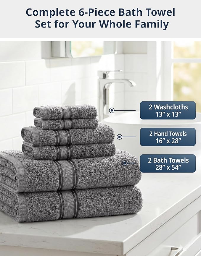 LANE LINEN Luxury Bath Towels Set - 6 Piece 100% Cotton Bathroom Quick Dry Shower Extra Aborbent Towel Super Soft 2 Hand Wash Cloths Space Grey