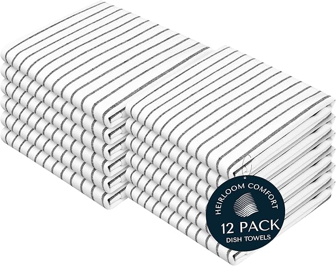Black Stripe Kitchen Towels (12 Pack), 100% Cotton, Classic Striped Towel Set, Super Absorbent & Durable Dish Cloths, Quick Drying Fabric for Drying Dishes, Everyday Kitchen Cleaning