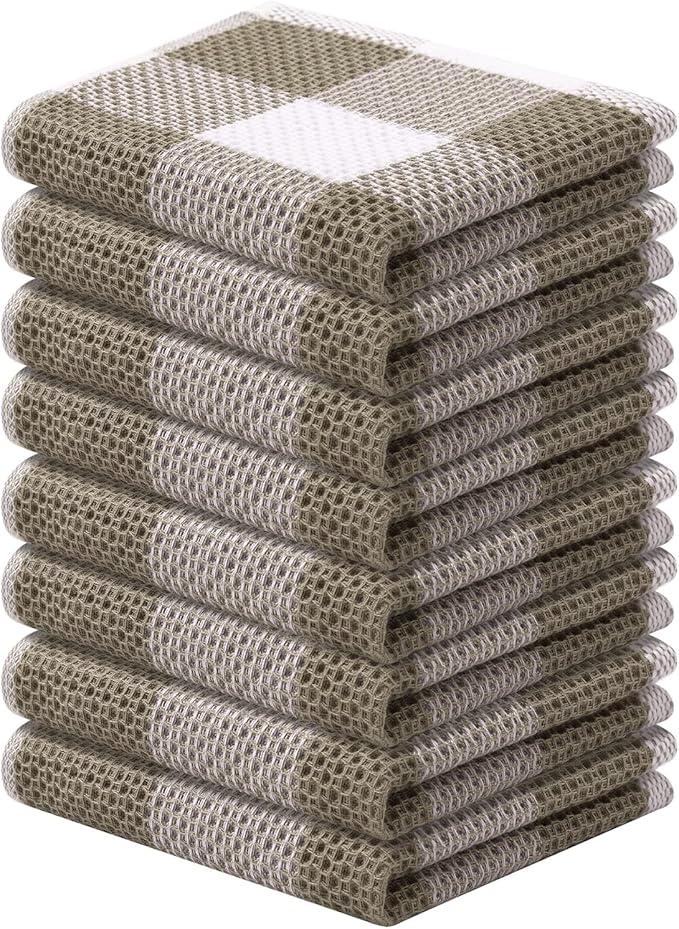 Mordimy 100% Cotton Waffle Weave Plaid Dish Cloths, 12 x 12 Inches, Super Soft and Absorbent Quick Drying Buffalo Check Dish Rags for Kitchen, 8-Pack, Khaki & White