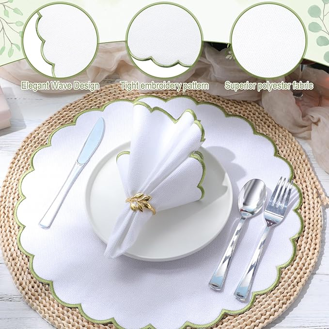 Set of 6 Round Placemats 15 Inch Cotton Scalloped Embroidery Placemat Washable Double Layered Rustic Dinner Table Mat Decor Fabric for Hotel Restaurant Kitchen(White/Green,Classic)