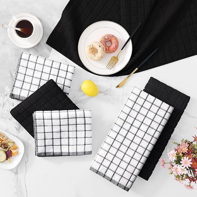 Homaxy Premium Cotton Kitchen Towels 16"x 28", Large Natural Ring Spun 390 GSM Dish Towels, Super Absorbent Terry Kitchen Hand Towels, Soft Tea Towels with Hanging Loop, Black Check Design, 6 Pack