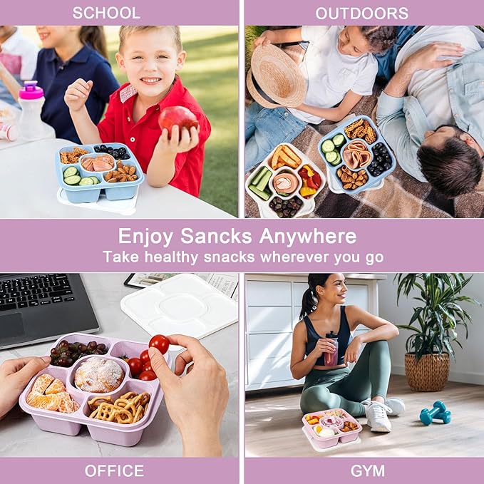 Caperci 5-Pack Lunchable Container Set for Kids & Adults - Reusable Bento Snack Box Containers with 5-Compartment for Food Storage & Meal Prep, Wheat Straw, BPA-Free (Vintage Colors)