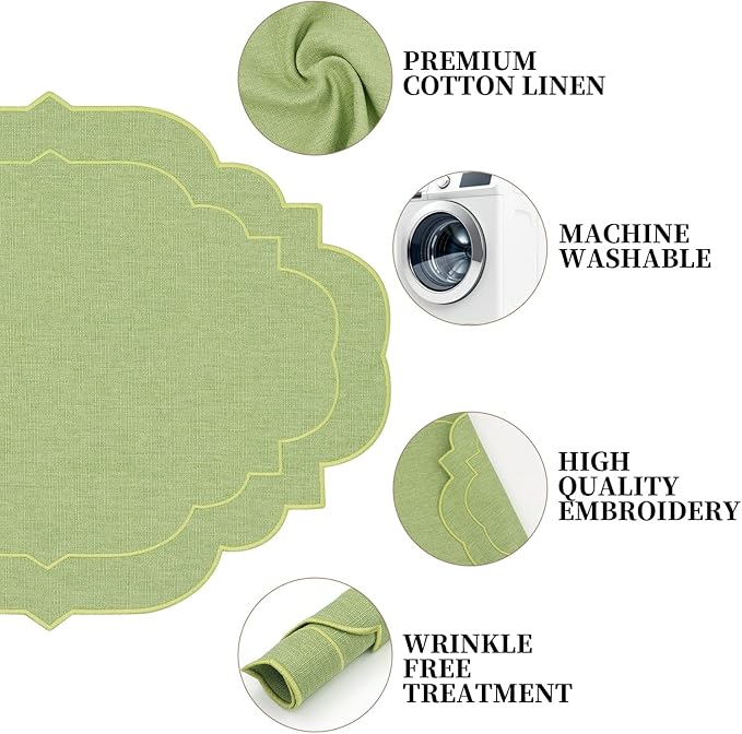 Cotton Linen Oval Placemats Set of 4, HADEEONG Table Mats Cloth Placemats, Washable Wrinkle Resistance, Scalloped & Embroidered Fabric Placemats, 17.71 x 13.77inch (Green, 4)