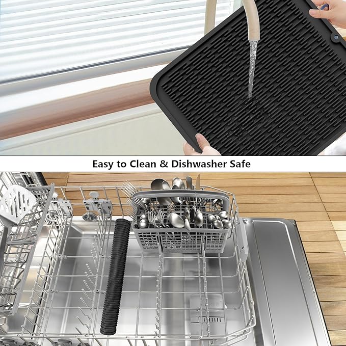 ZLR 2 Pcs Large Silicone Dish Drying Mat (16" x 18") - XL Heavy Duty Drainboard Mat for Pots, Pans & Family Loads - Heat Resistant Trivet & Counter Protector, Easy Clean (Black)